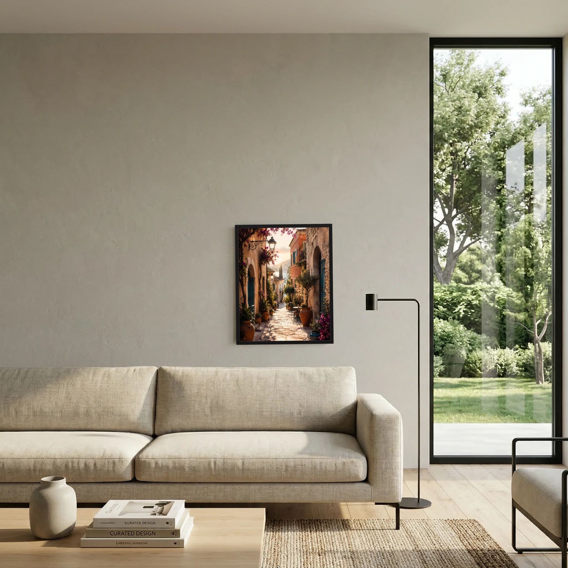 Gerahmtes Poster an der Wand: mediterrane Gasse mit Bögen, Töpfen und Blüten