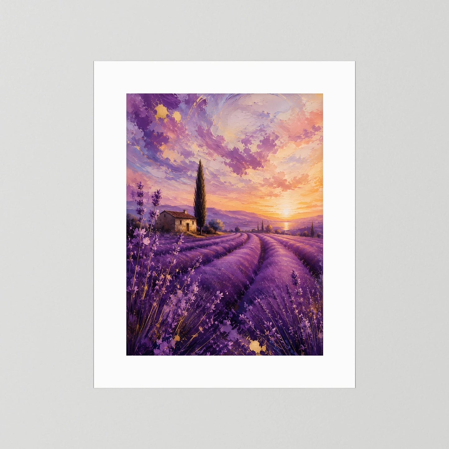 Hochformat-Poster Lavendelfeld bei Sonnenuntergang, violett-gold, weißer Rahmen