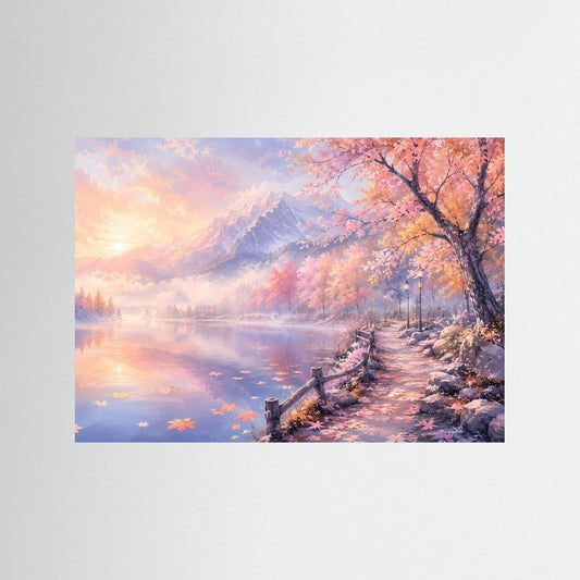 Querformat-Panorama-Poster mit Bergsee bei Sonnenaufgang, rosa blühenden Bäumen und Steinzäunen