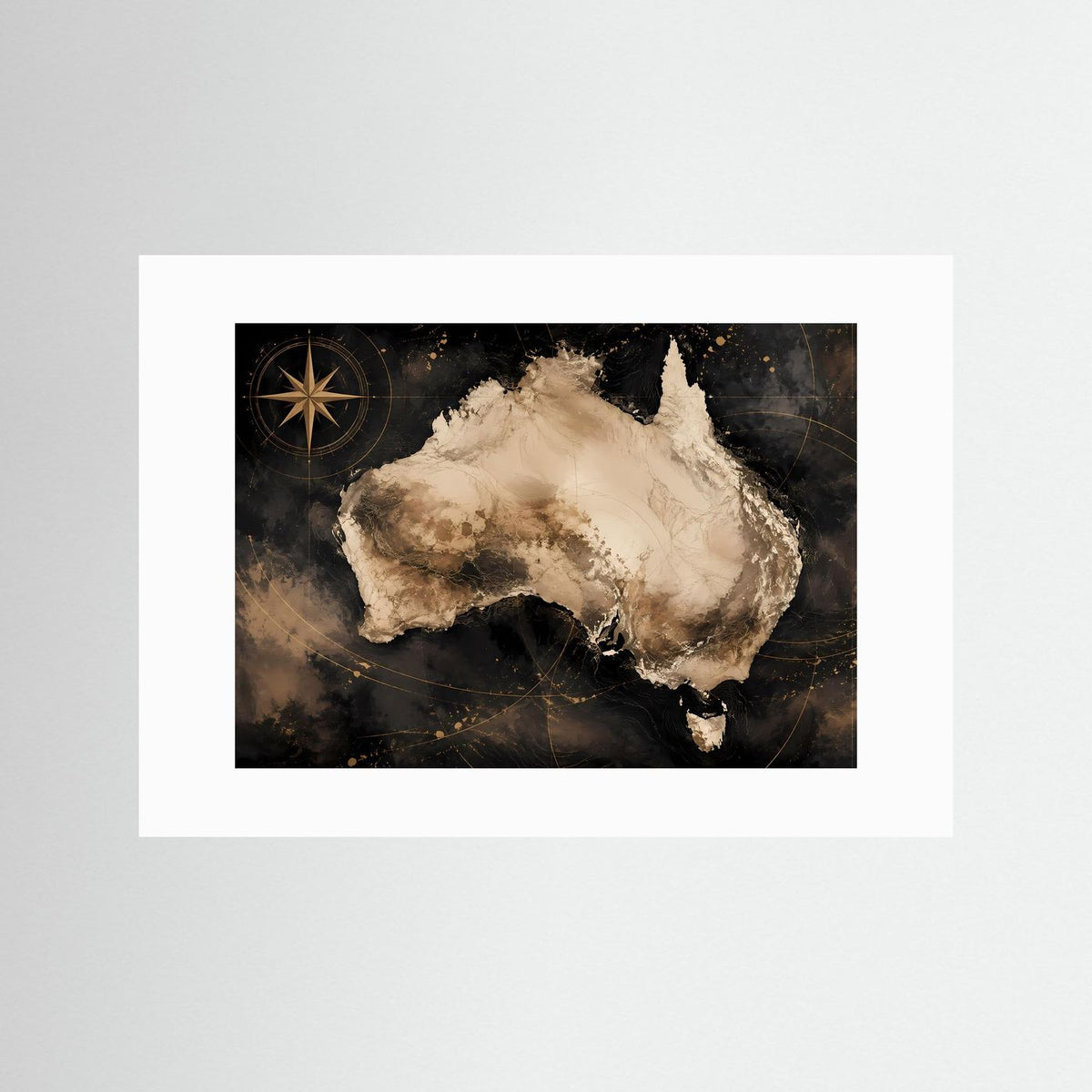Australien-Wandkunst Poster mit weißem Passepartout, Kontinent in Beige auf dunklem Grund