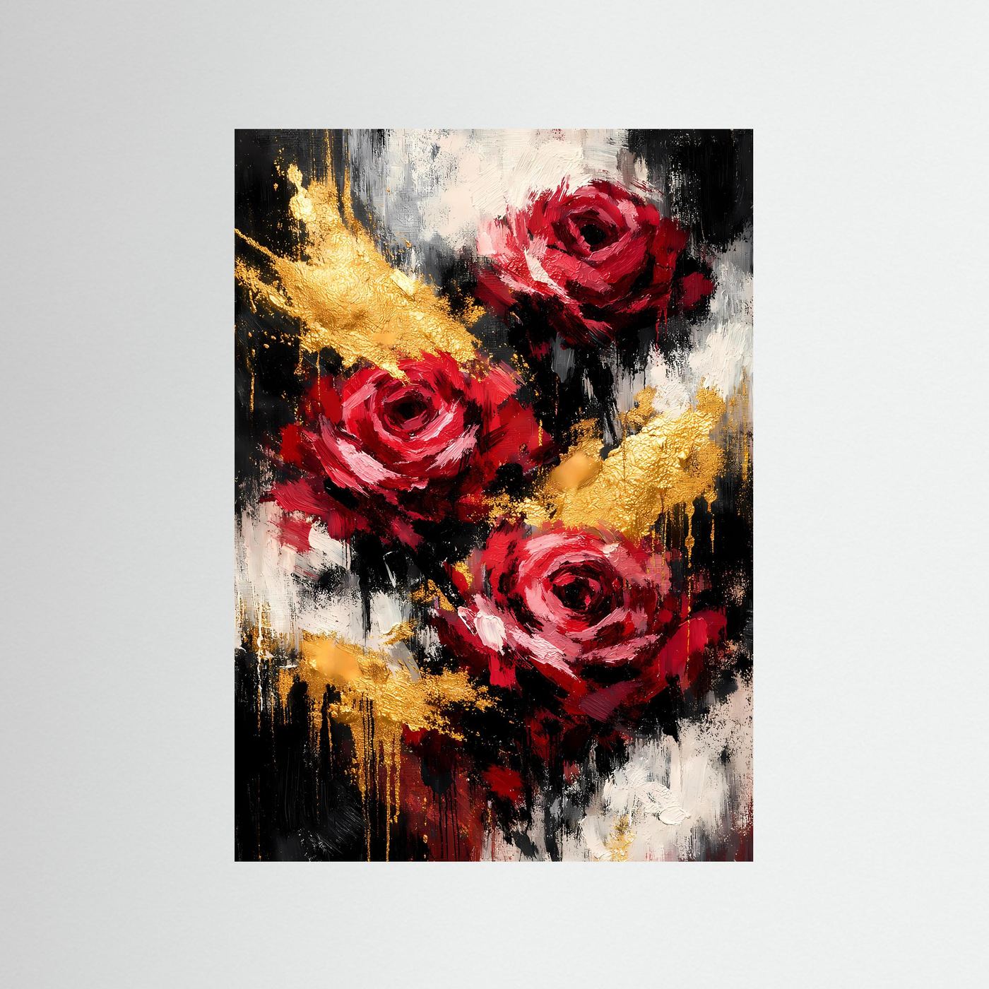 Abstraktes Blumenwandbild mit roten Rosen und goldenen Akzenten, ohne Rahmen