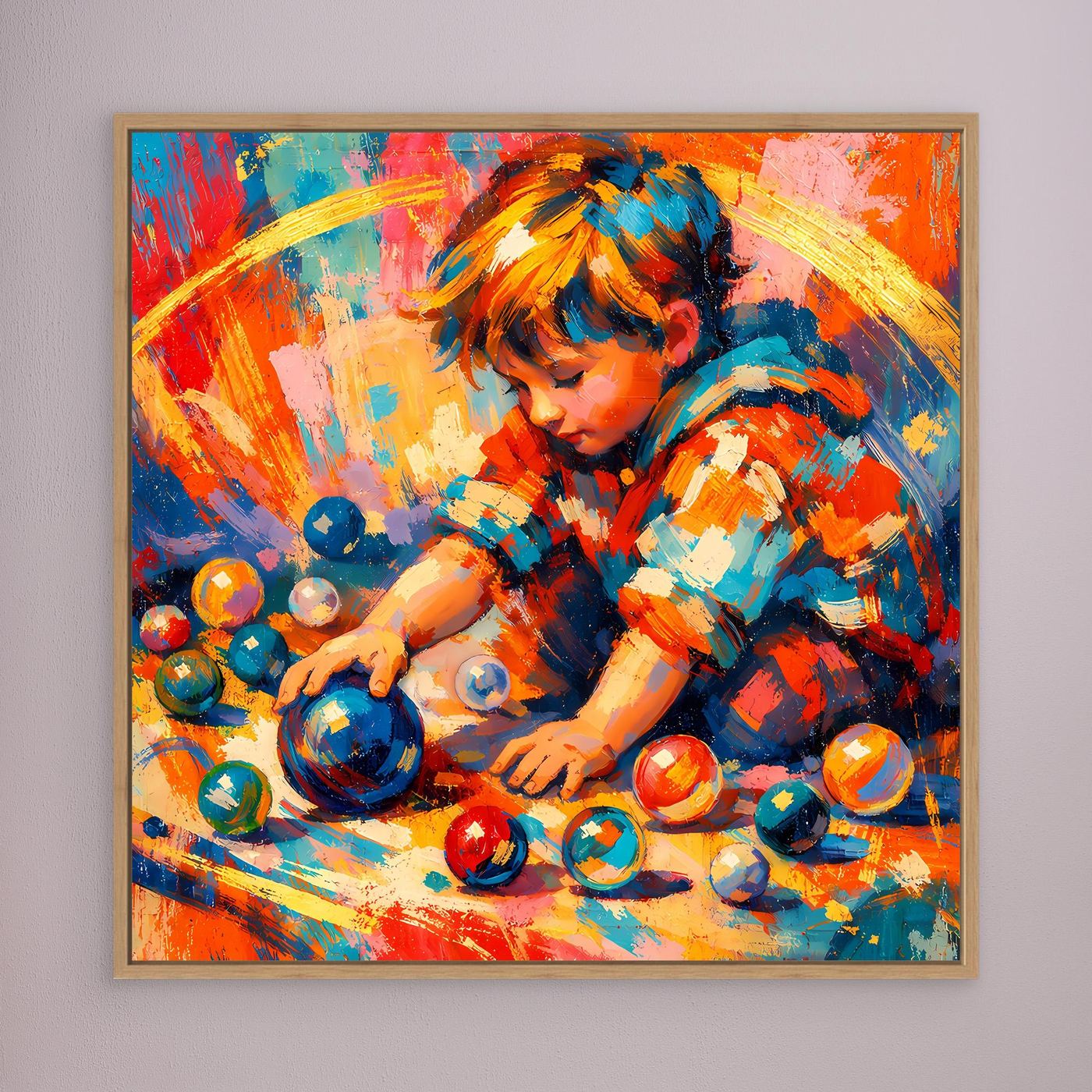 Gerahmtes Leinwandbild: abstraktes Kinderportrait mit bunten Farben, Holzrahmen