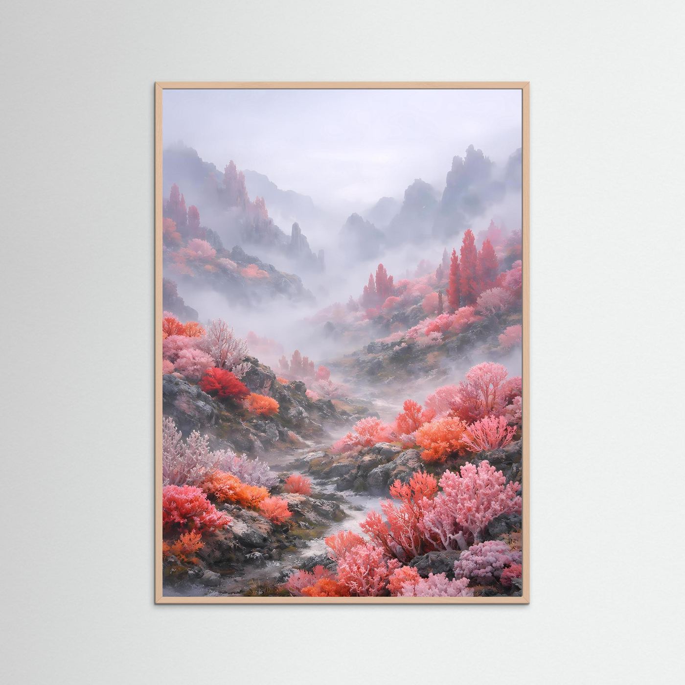 Kunstposter mit naturfarbenem Holzrahmen: pinke Bäume, nebliges Bergtal und Fluss
