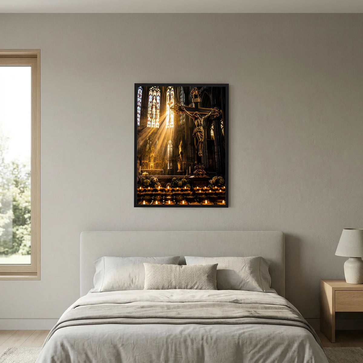 Poster Hochformat mit Kreuz und Lichtstrahlen im Kirchenraum, schwarzer Rahmen