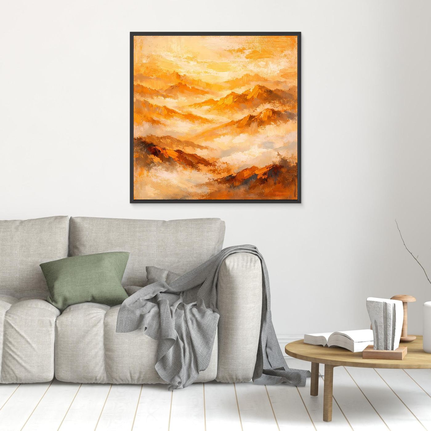 Wandbild auf Leinwand mit abstraktem Gebirgsdesign in Orange-Gold, schwarz gerahmt