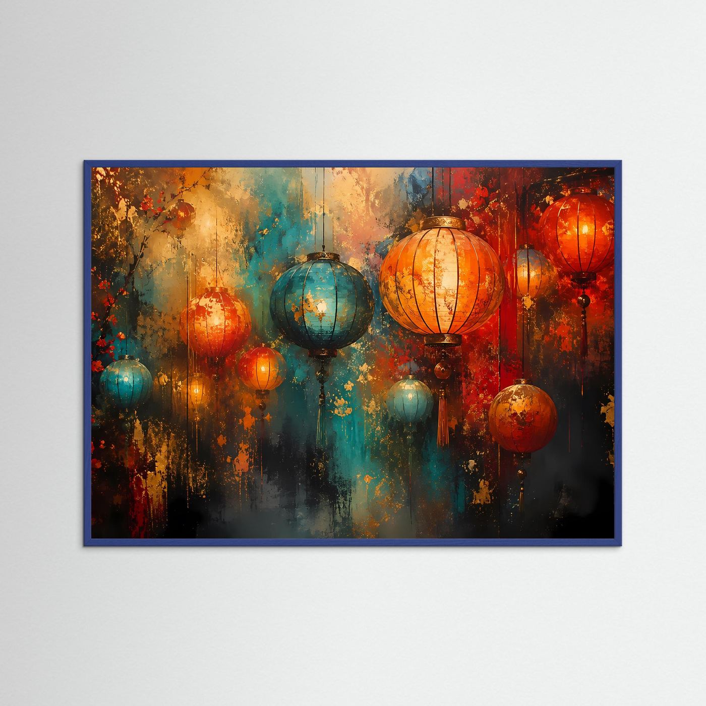 Poster mit Laternen in Orange, Blau und Gold; Querformat, blauer Rahmen