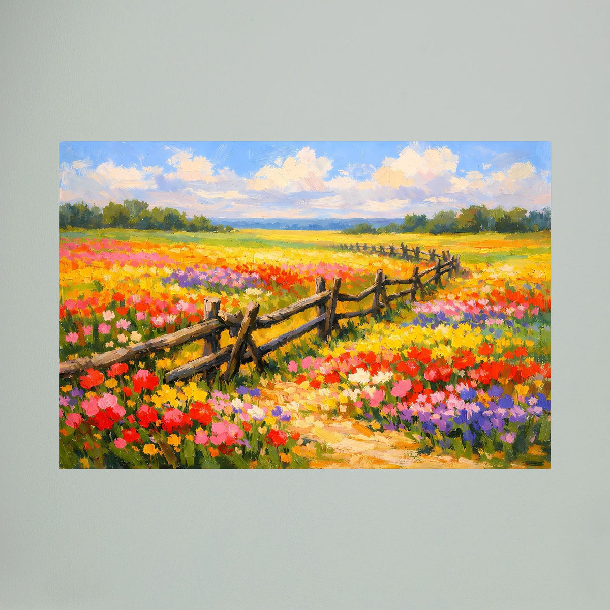 Wandbild im Querformat mit Sommerwiese, Blumenmeer und Holzzaun