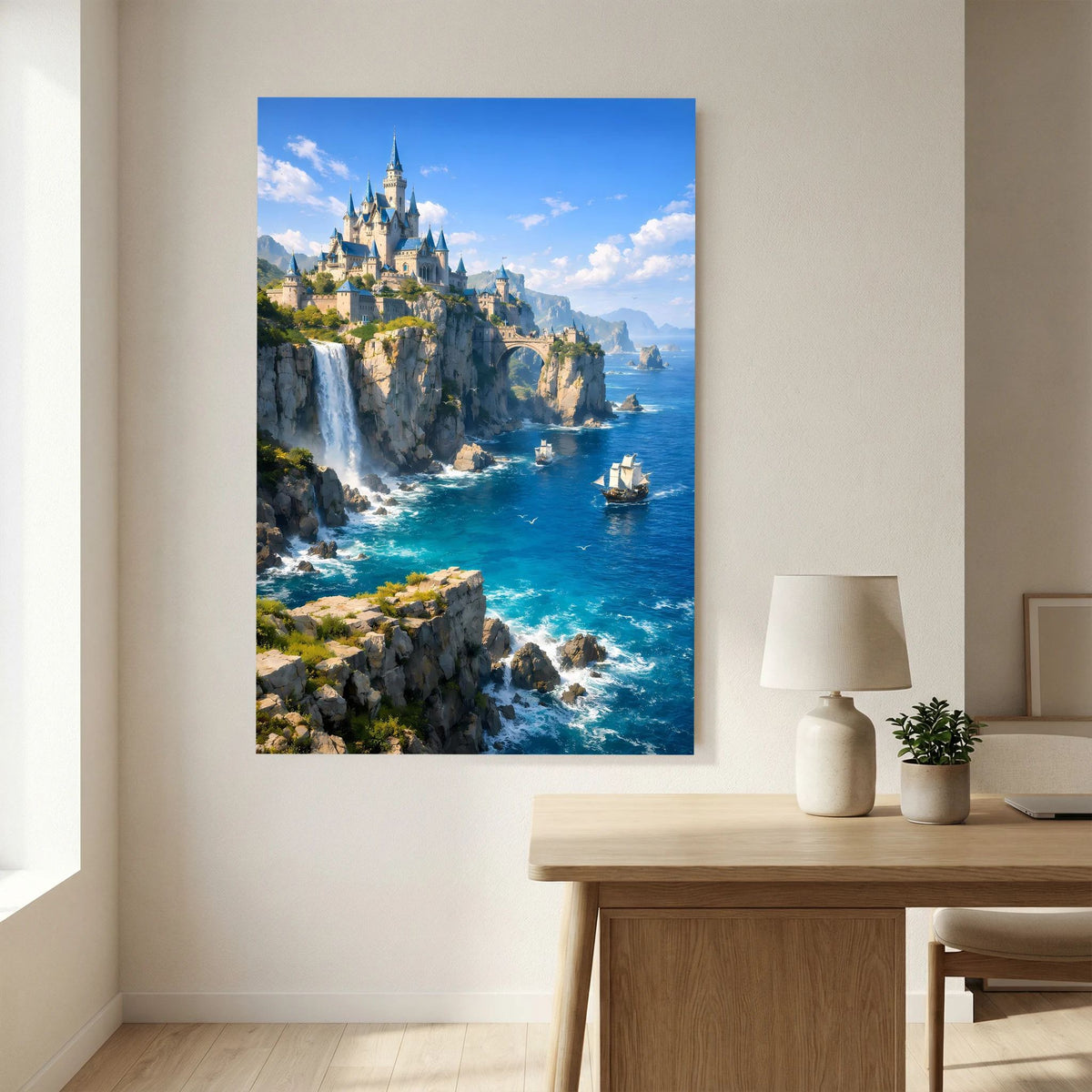 Wandposter im Hochformat mit Küstenschloss über Klippen und Schiffen auf blauem Wasser