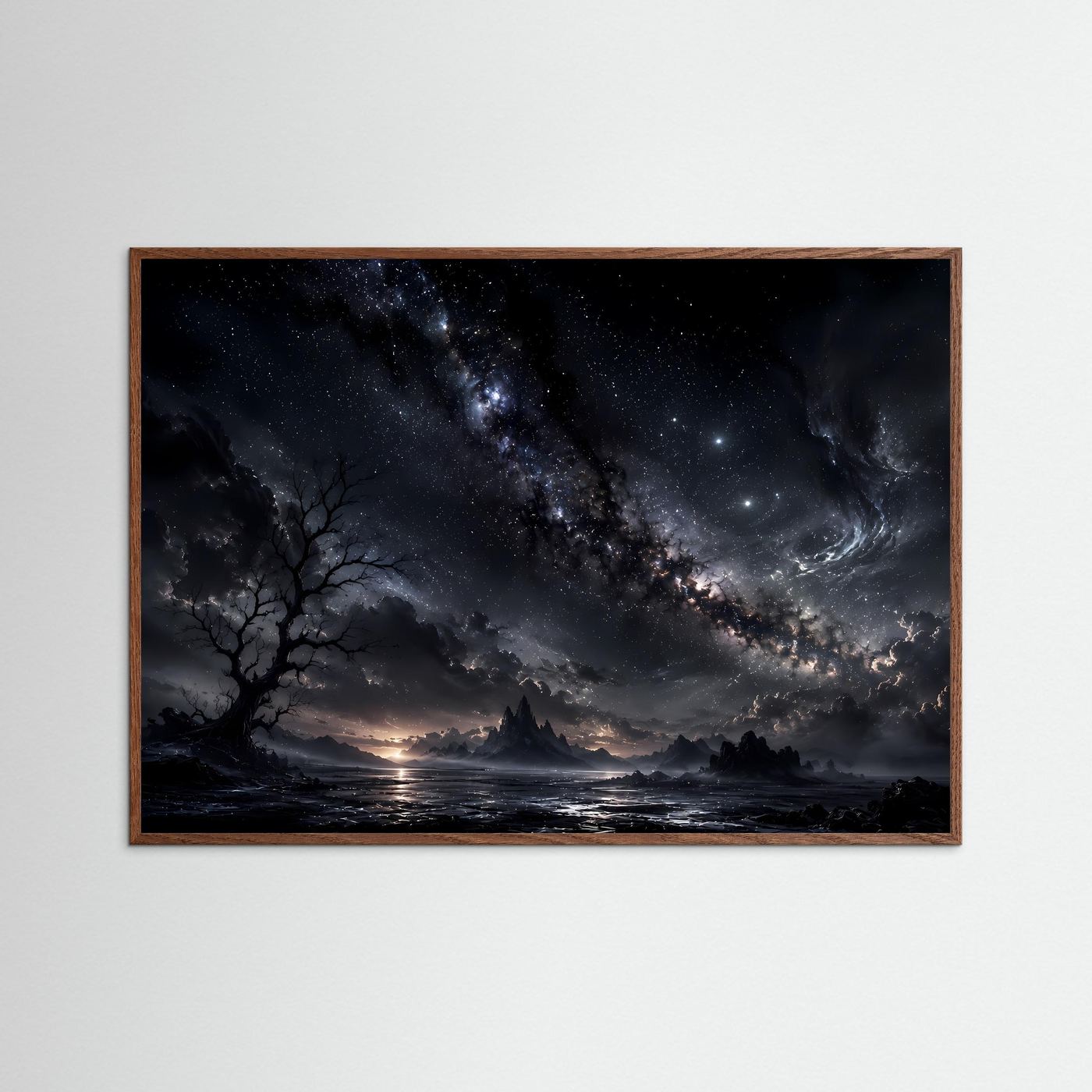 Milchstraße Poster Schwarz Weiß | Mystischer Sternenhimmel Landschaft | Kosmische Nacht Wandbild | Fantasy Himmel | Moderne Himmelskunst