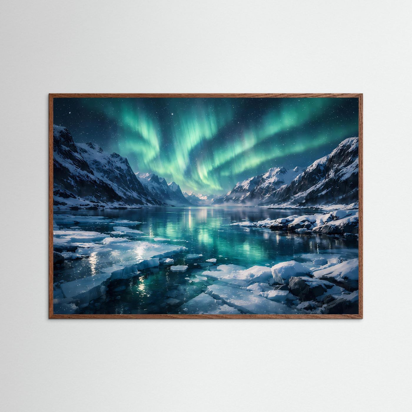 Magische Polarlichter über verschneitem Fjord | Nordlichter Panorama Wandbild & Kunst Poster Querformat