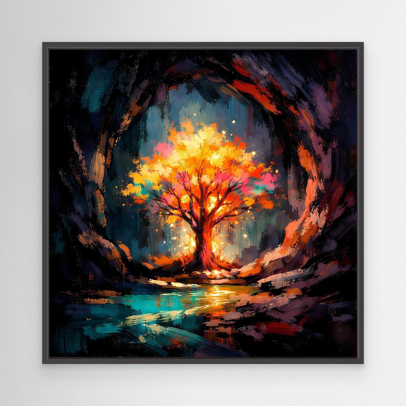 Abstract tree canvas wall art with black frame, glowing autumn tree and reflective water