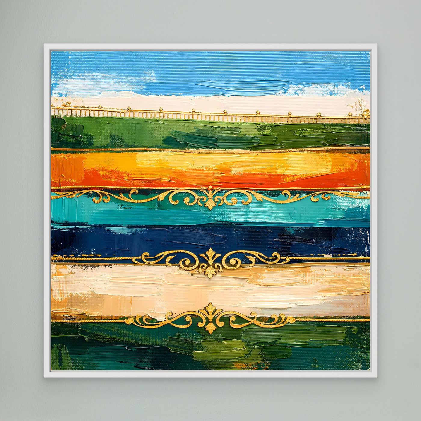 Leinwand Elegante Abstrakte Farbstreifen | Modernes Wandbild mit Goldornamenten