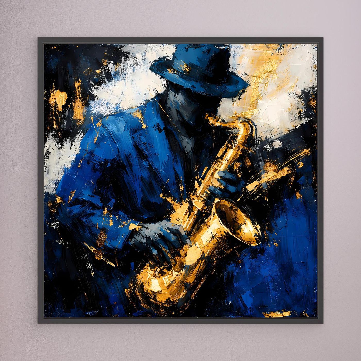 Leinwand Eleganter Jazz-Saxophonist in Blau und Gold | Abstraktes Musik Wandbild