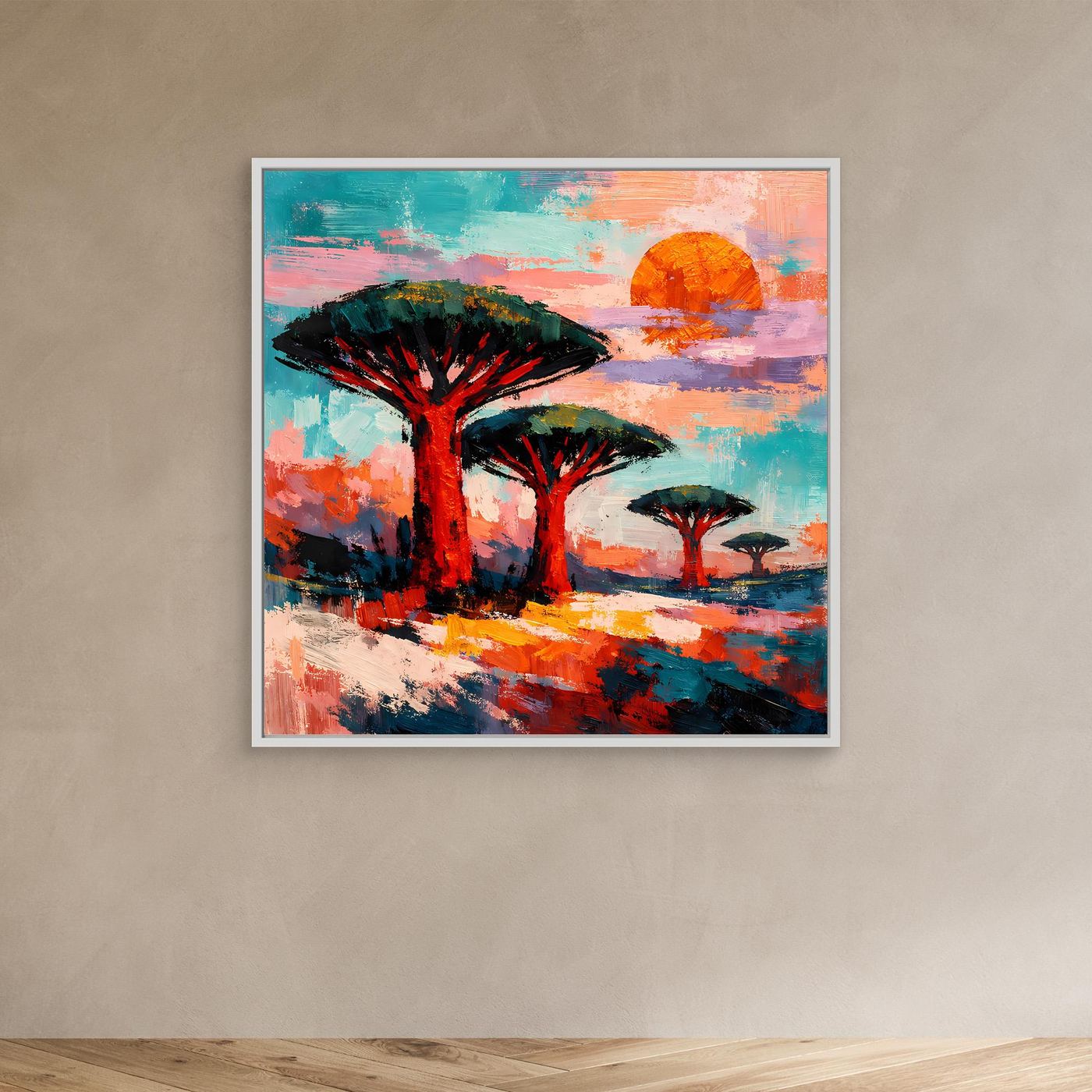 Leinwand Drachenblutbäume bei Sonnenuntergang | Abstraktes Savannen Wandbild