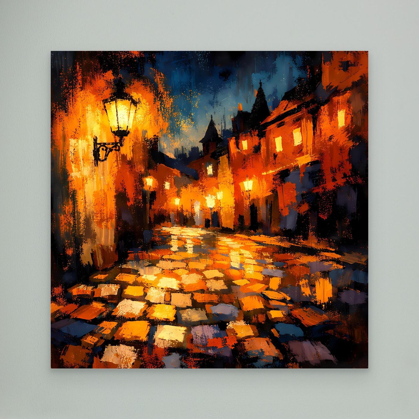 Leinwand Abstraktes Altstadt Gemälde | Modernes Romantisches Gassen Wandbild bei Nacht