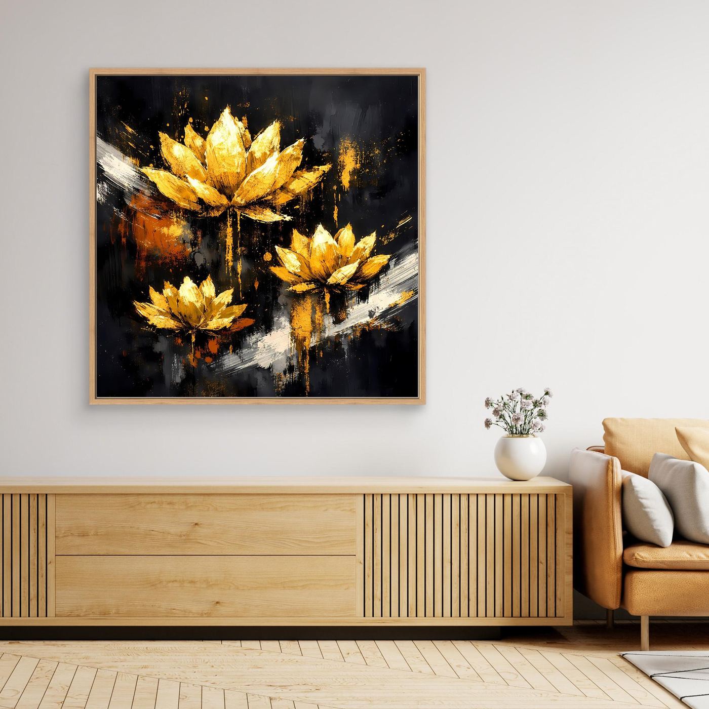 Leinwand Edle Lotusblüten in Gold und Schwarz | Modernes Florales Luxus Wandbild