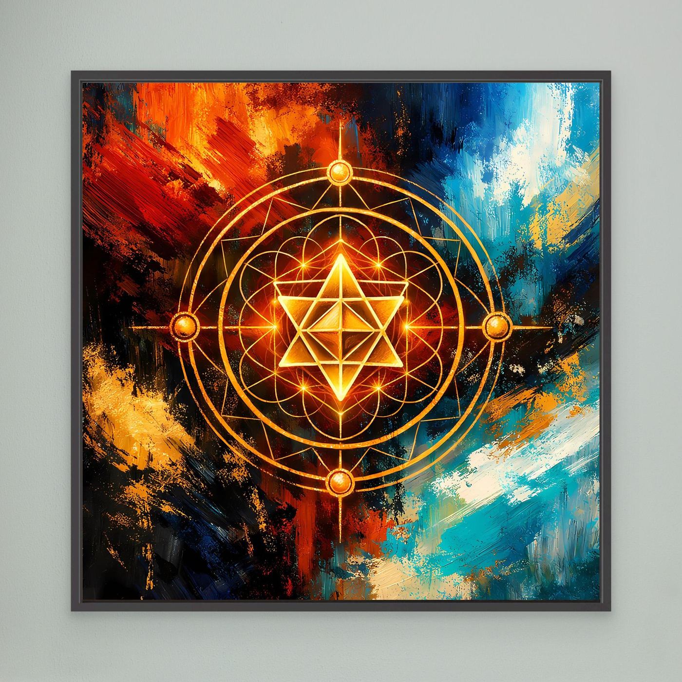 Leinwandbild mit goldener Merkaba-Geometrie im abstrakten Farbverlauf, dunkel gerahmt