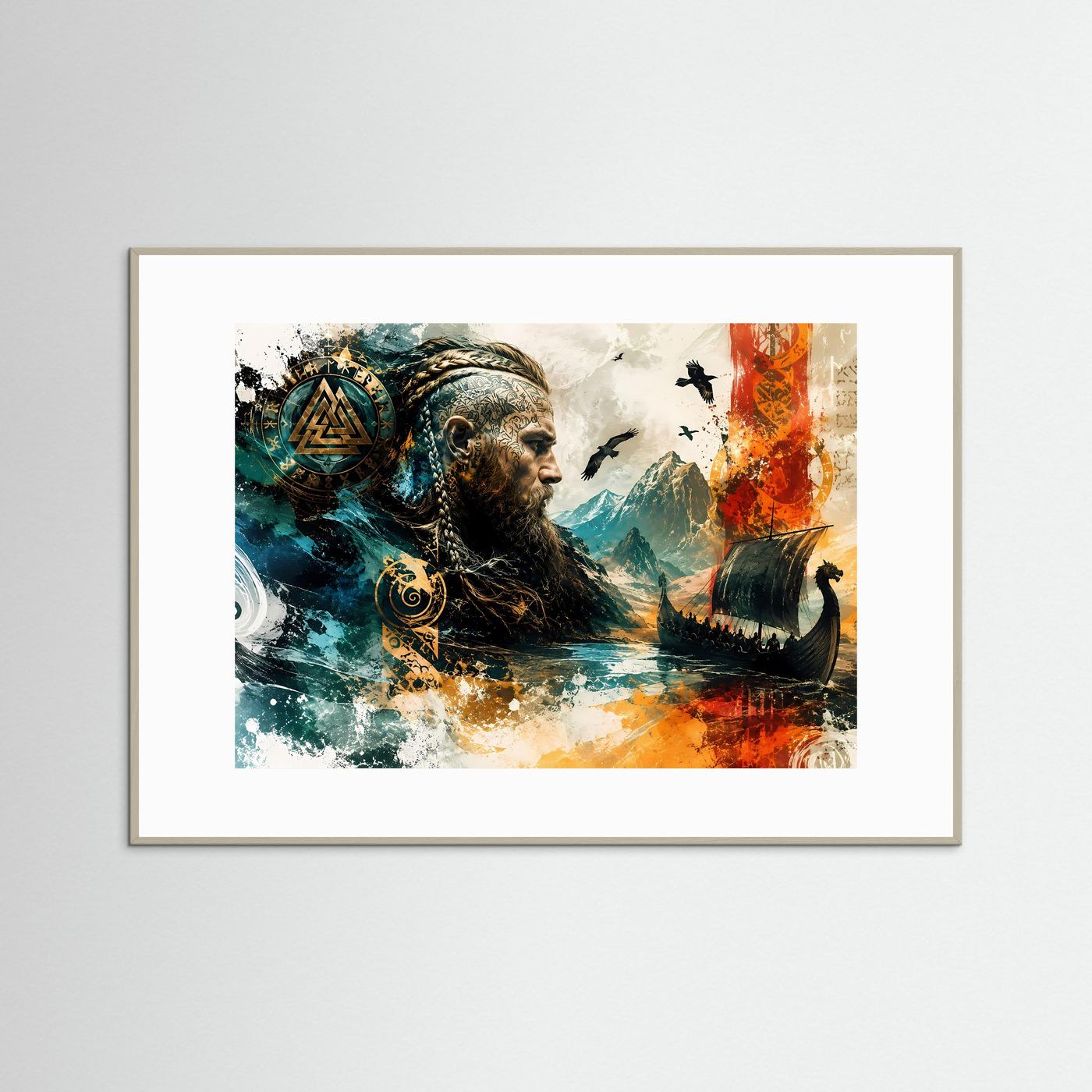 Wikinger Poster | Nordische Mythologie Wandbild | Viking Schiff & Runen | Abstrakte Fantasy Kunst | Leinwand Modern