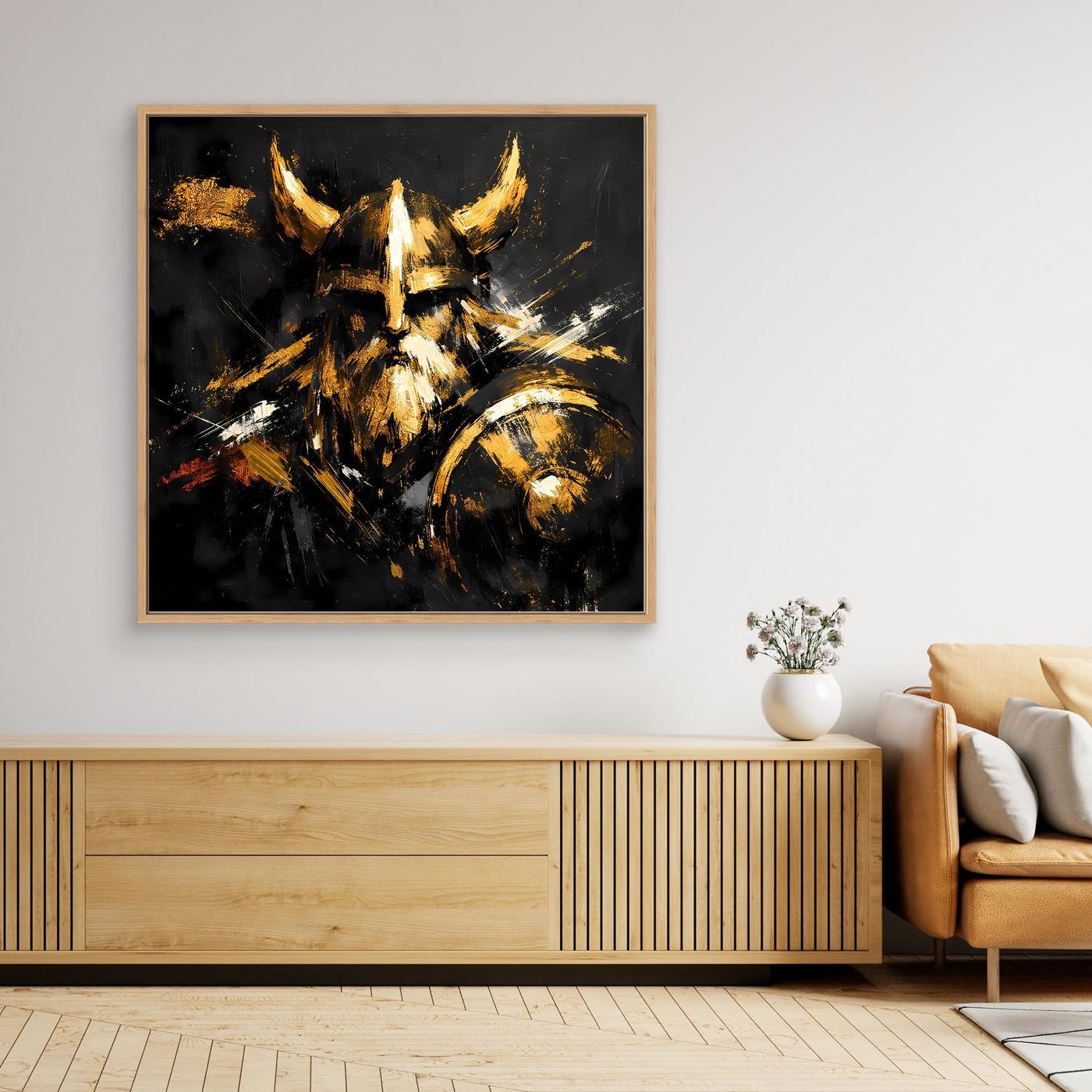 Leinwand Goldener Wikinger mit Schild | Abstraktes Nordmann Wandbild Modern