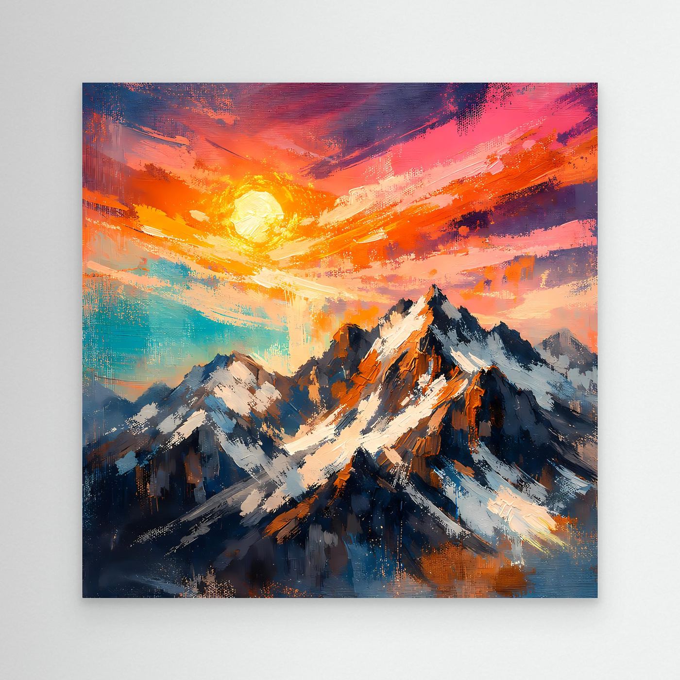 Leinwand Alpenglühen an verschneiten Berggipfeln | Abstraktes Gebirge Wandbild