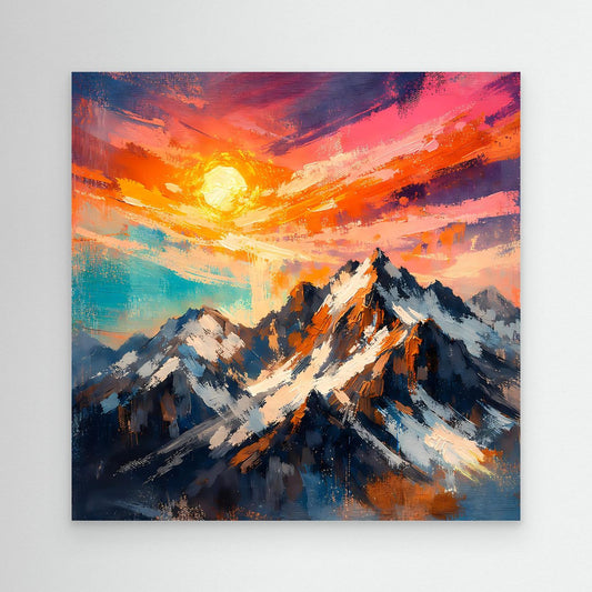 Abstract mountain wall art with colorful sunset sky and snowy peaks, no frame