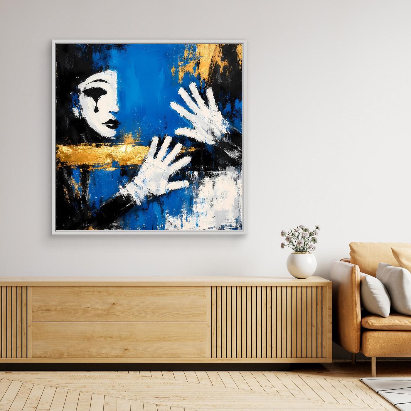 Leinwand Melancholischer Mime in Blau | Abstraktes Pierrot Wandbild Gold