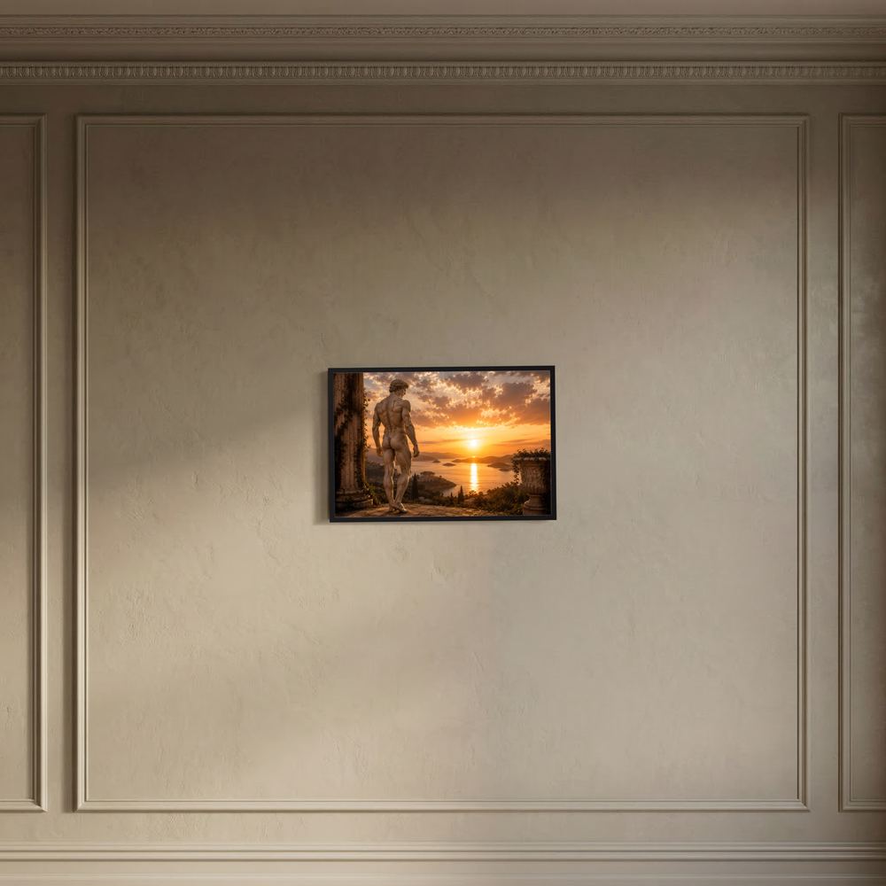 Gerahmtes Poster mit antiker Statue in Bronze vor Sonnenuntergang über dem Meer