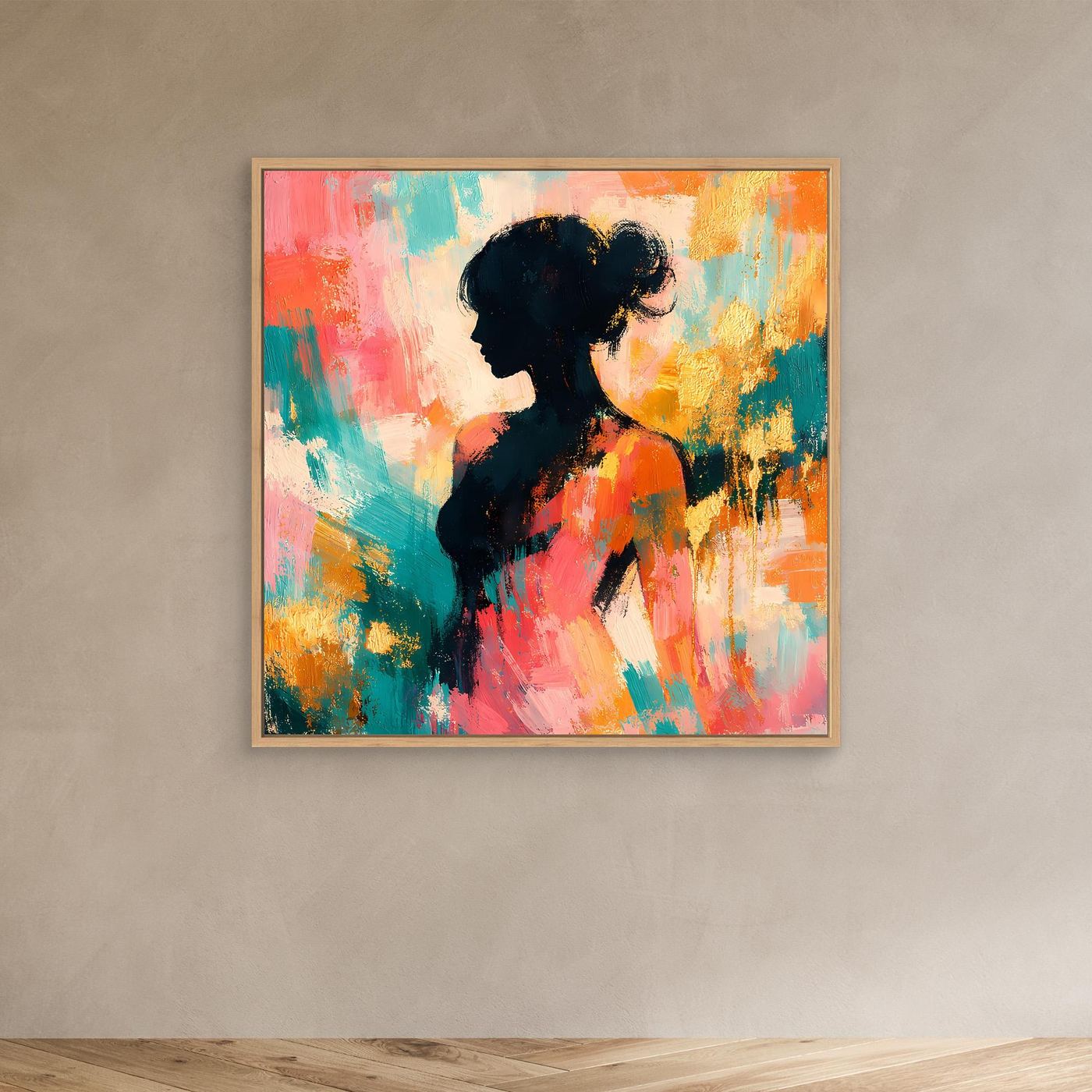 Leinwandbild mit abstrakter Frauensilhouette in Pastellfarben, goldbrauner Rahmen