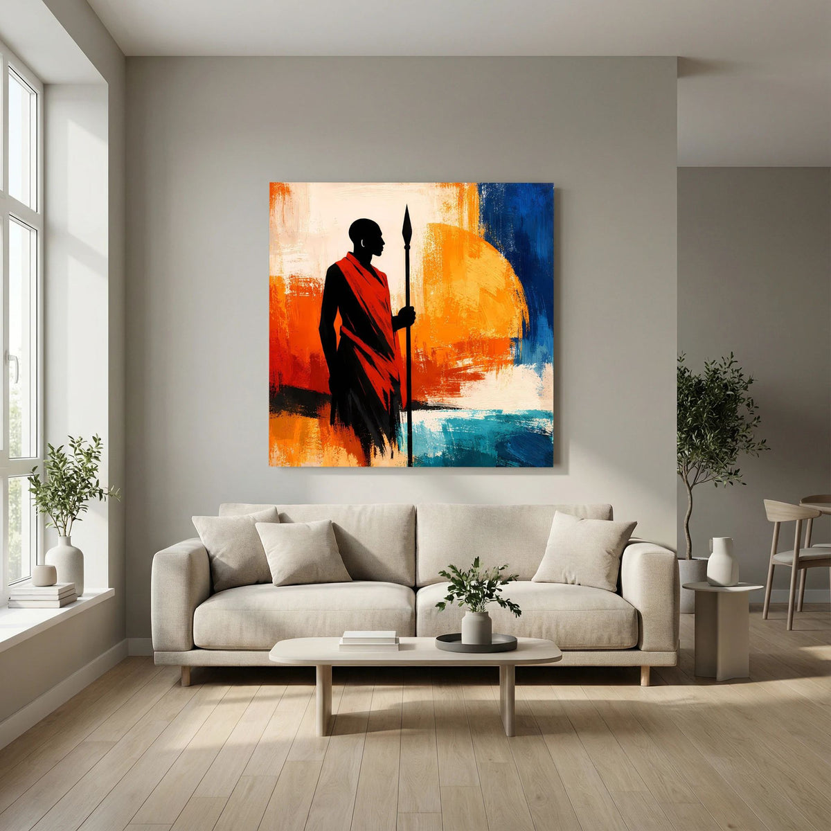 Wandbild mit Kriegerfigur-Silhouette, rotem Tuch und Speer, orange-blaues Farbspiel