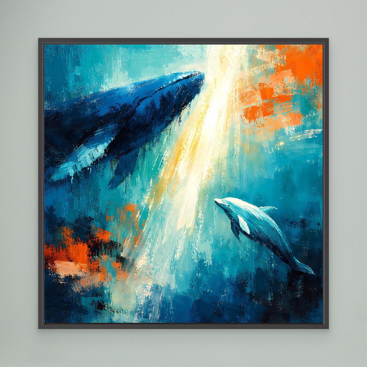 Leinwand Majestätischer Wal und Delfin im Lichtstrahl | Abstraktes Meeres Wandbild