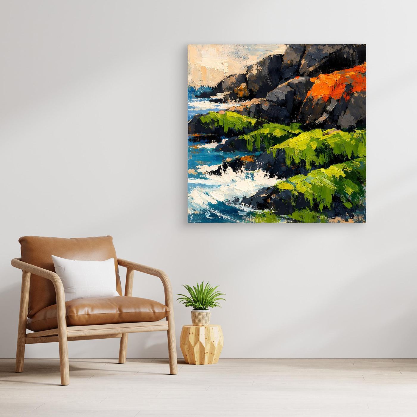 Abstraktes Küstenlandschaft-Wandbild mit türkisblauem Wasser, grünem Hang und orangefarbener Felsfläche