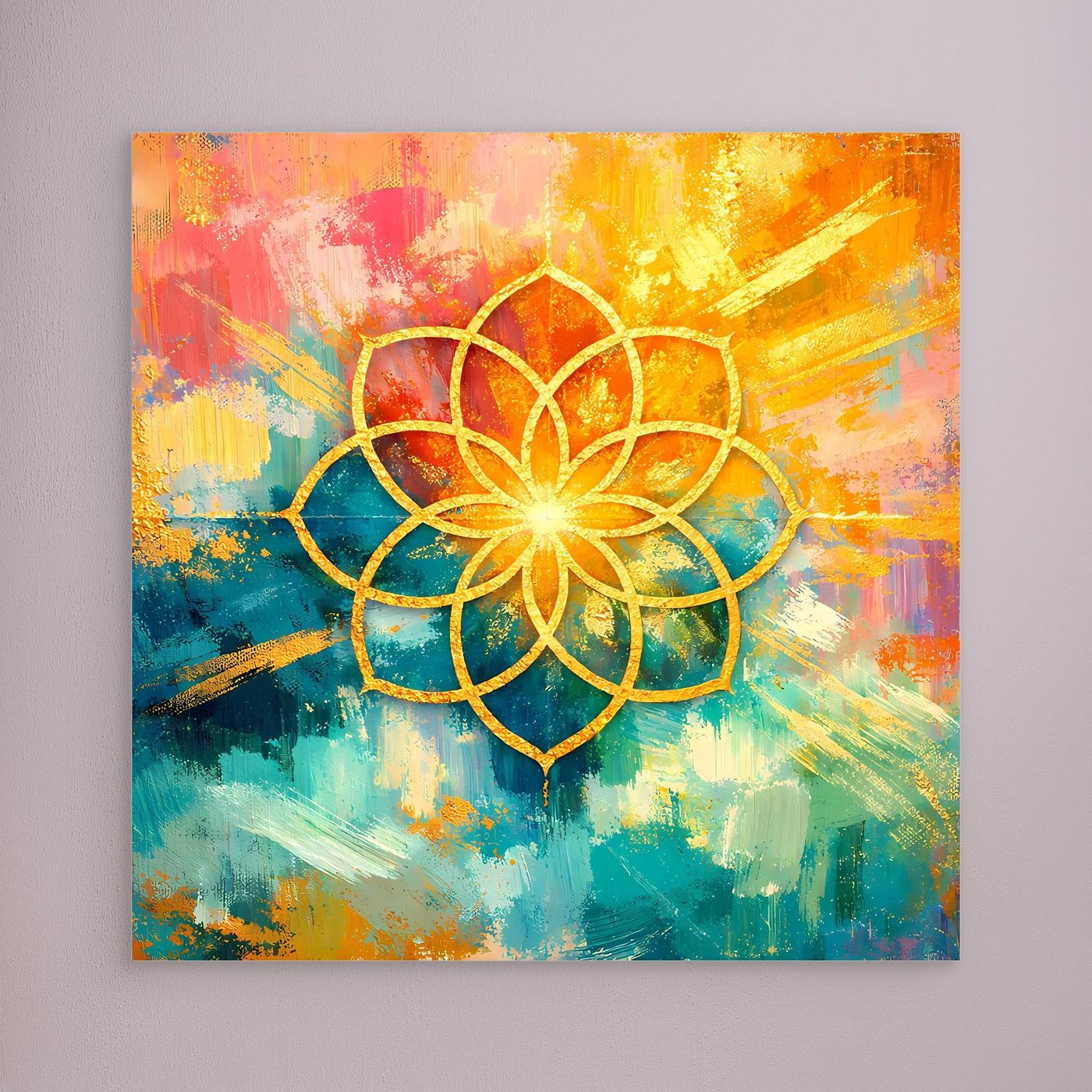 Leinwandbild Blume des Lebens: goldfarbenes Mandala auf buntem Farbgrund, ohne sichtbaren Rahmen