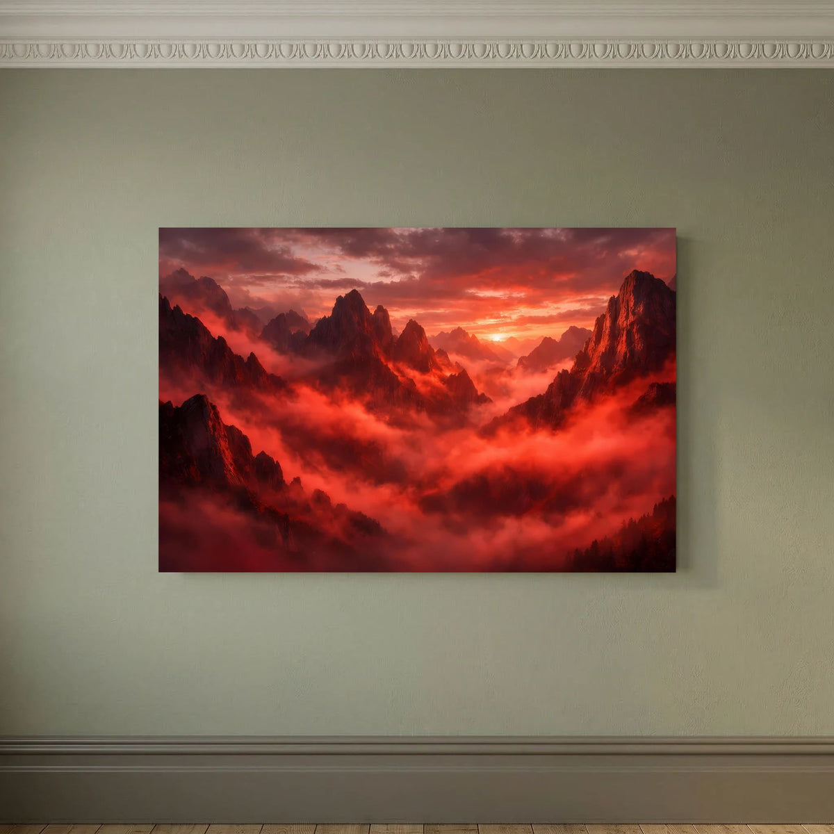 Wandposter mit Bergspitzen über Nebelmeer und orange-rotem Sonnenuntergang, quer
