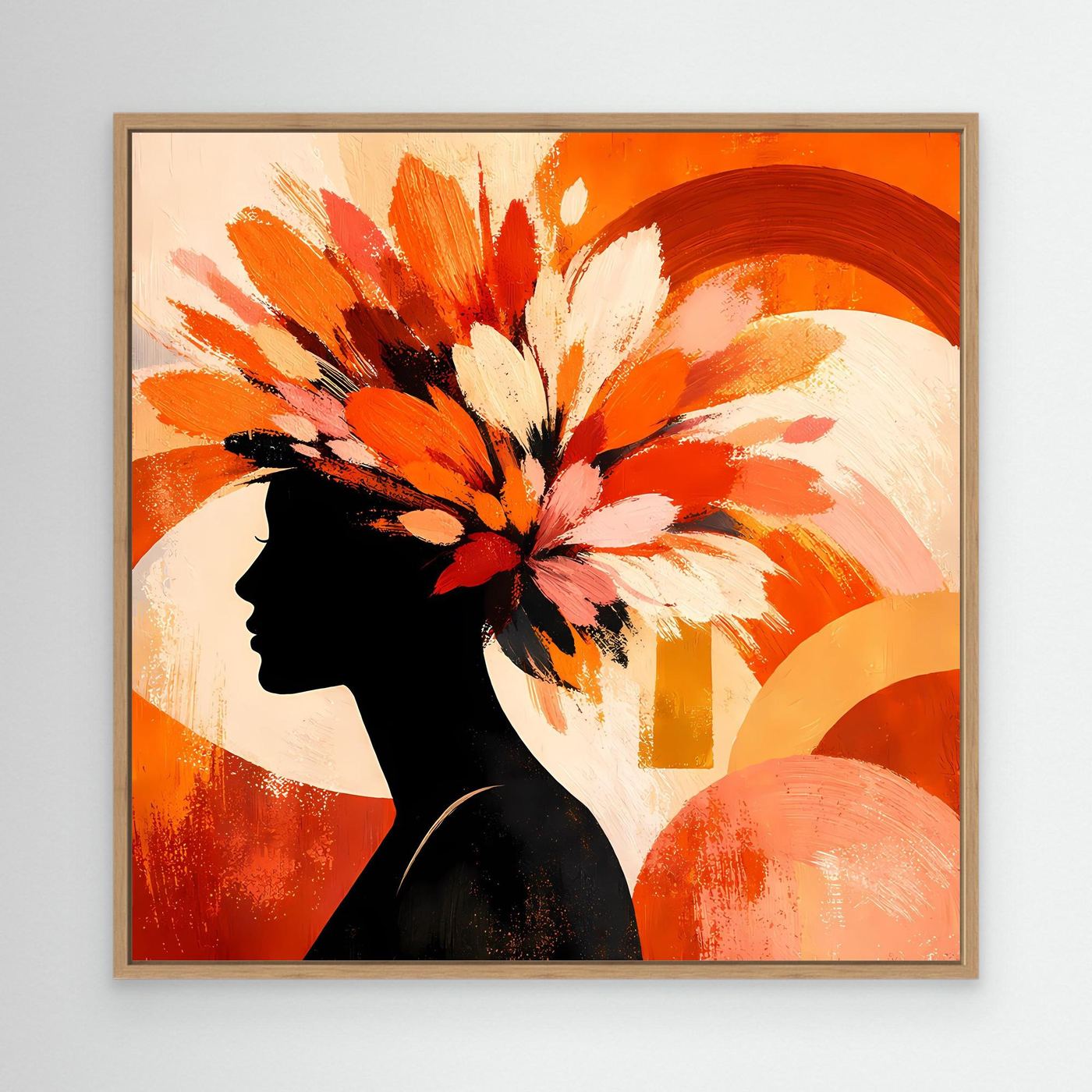 Leinwandbild mit Frauensilhouette und Blumenmuster, brauner Holzrahmen