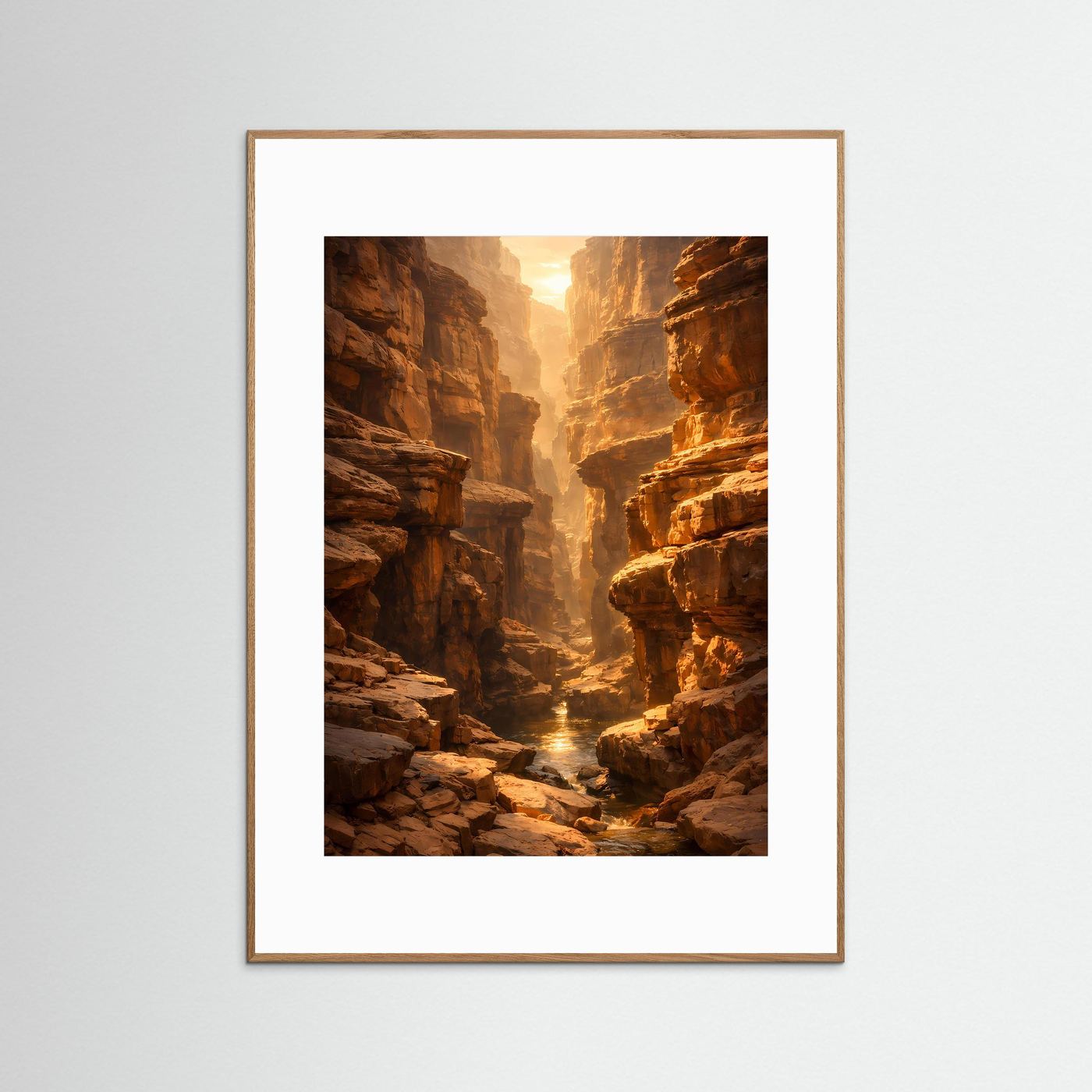 Canyonposter mit goldener Felsenschlucht im Hochformat, hellbrauner Rahmen