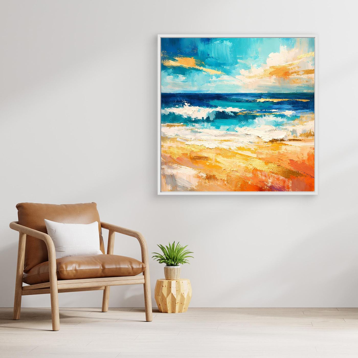 Quadratisches Leinwandbild mit abstraktem Meer- und Strandmotiv, Türkis/Blau/Orange, weißer Rahmen
