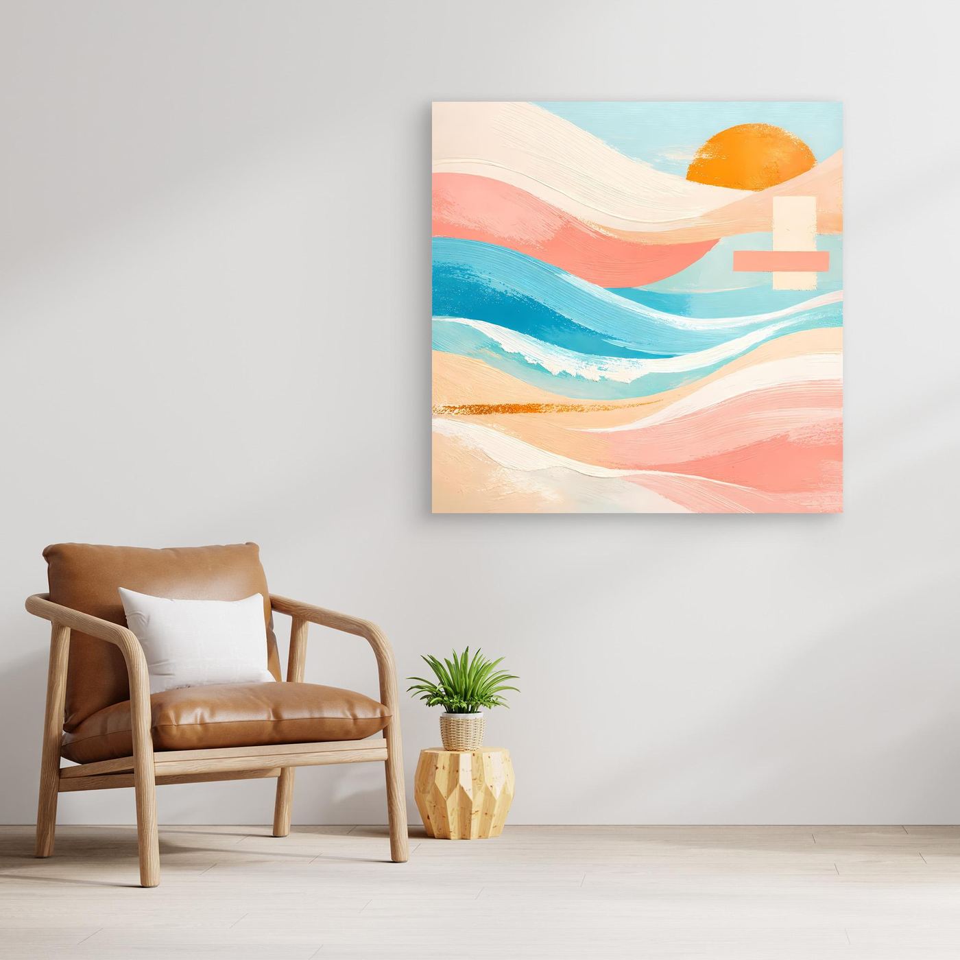 Quadratisches Leinwandbild: abstraktes Meer in Türkis und Rosa mit orangefarbener Sonne, ohne Rahmen
