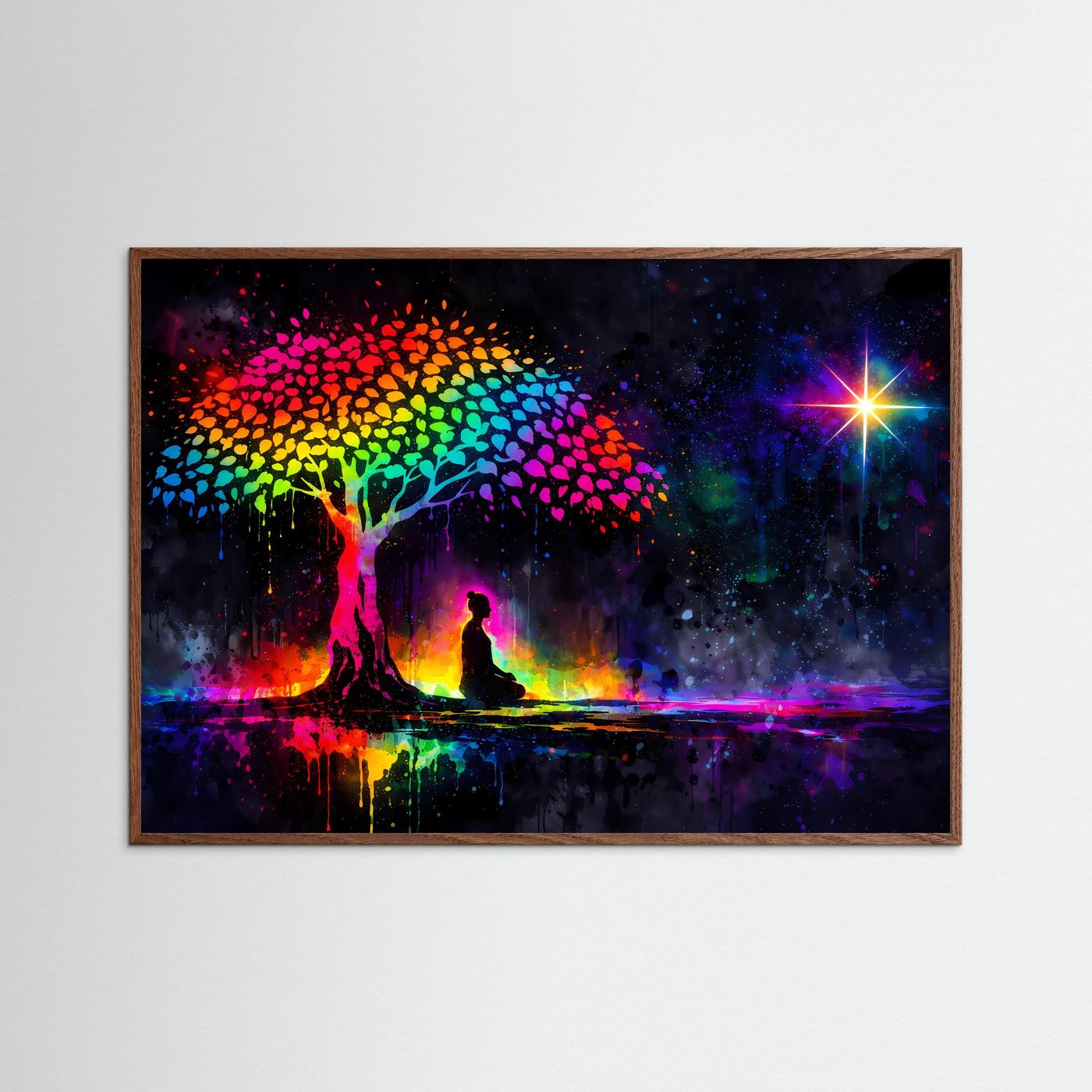 Gerahmtes Querformat-Poster mit farbigem Baumdach, meditierender Silhouette und Spiegelreflexen