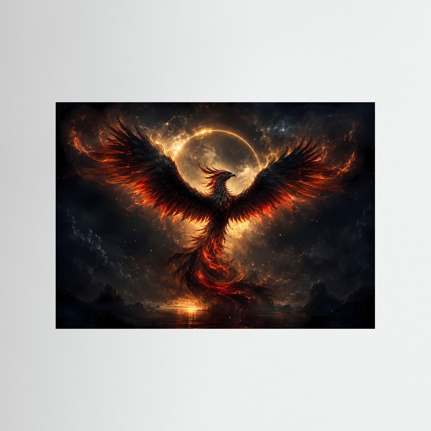 Dunkler Phönix Poster | Mystischer Feuervogel Wandkunst | Schwarz Gold Fantasy Kunst | Abstraktes Wandbild mit Flammen