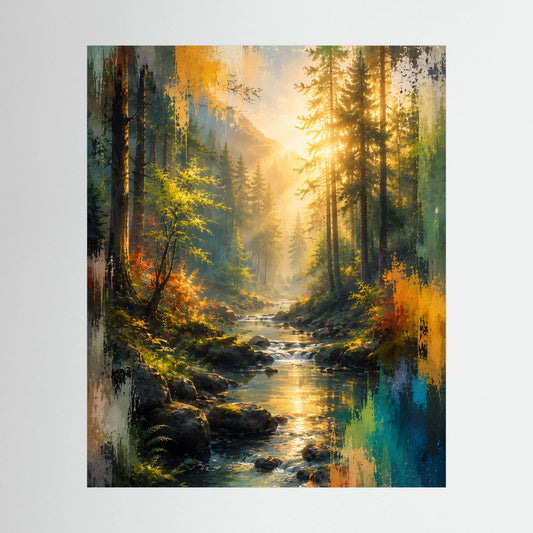 Kunstposter im Hochformat mit abstrakter Waldlandschaft und Bach im Sonnenlicht
