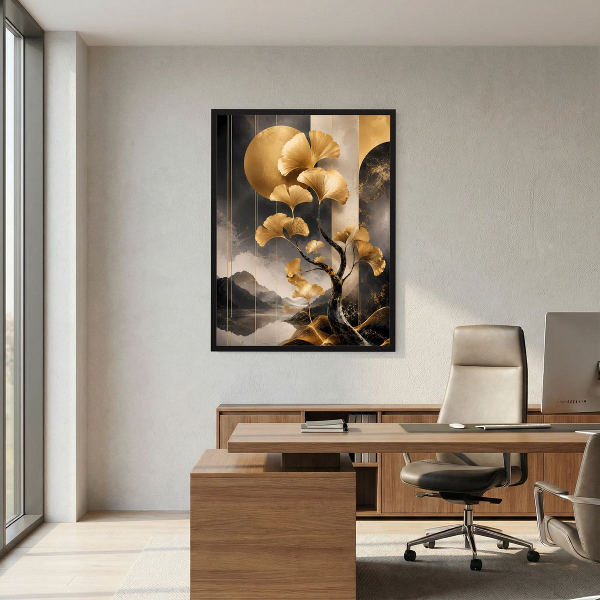 Hochformat-Poster mit goldener Baumkrone und Berglandschaft, schwarzer Rahmen