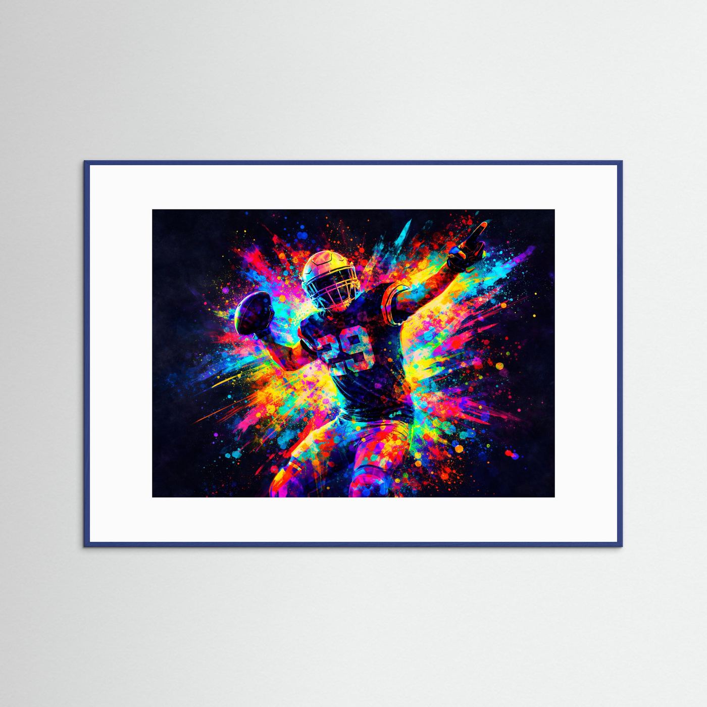 American-Football-Poster: Quarterback im Neon-Farbrausch, blauer Rahmen mit weißem Rand