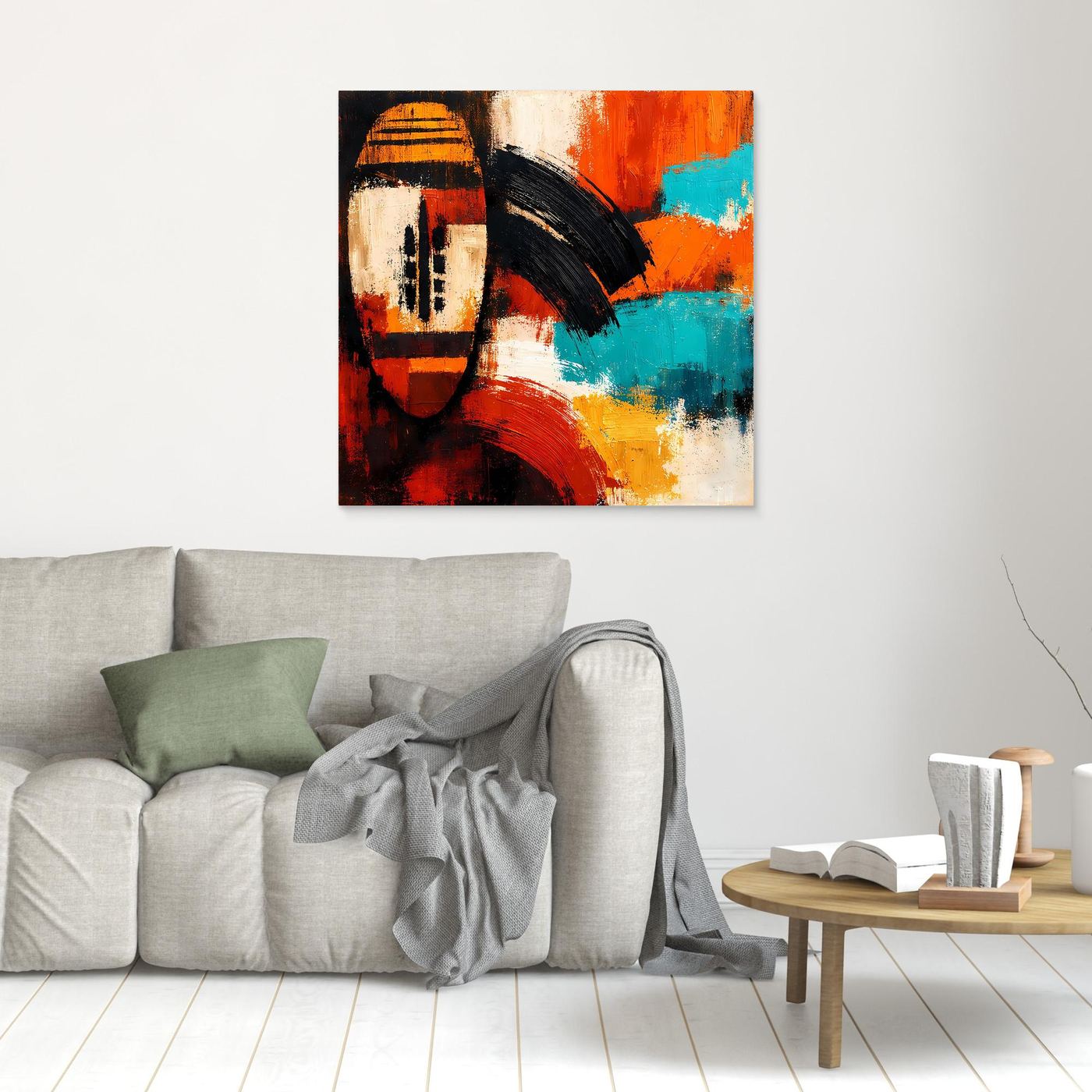 Small abstract African mask wall art with orange, red and turquoise paint; dark frame