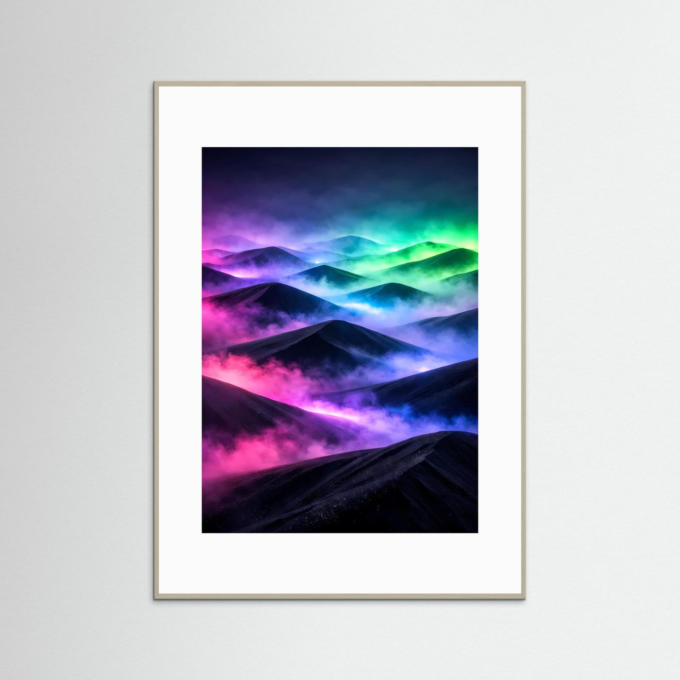 Poster im Hochformat: Neon-Landschaft, grauer Holzrahmen, weißes Passepartout
