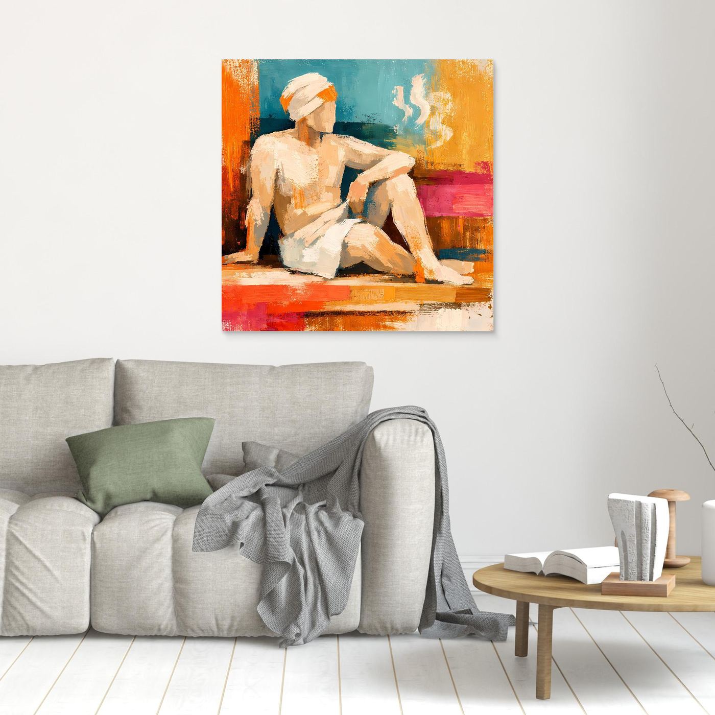 Small abstract canvas wall art with seated figure, teal and orange paint, no frame