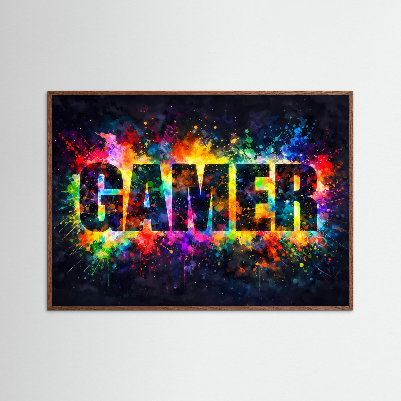 Gaming-Poster „GAMER“ mit dunklem Eichenholzrahmen, Pop-Art Splash-Style, querformat