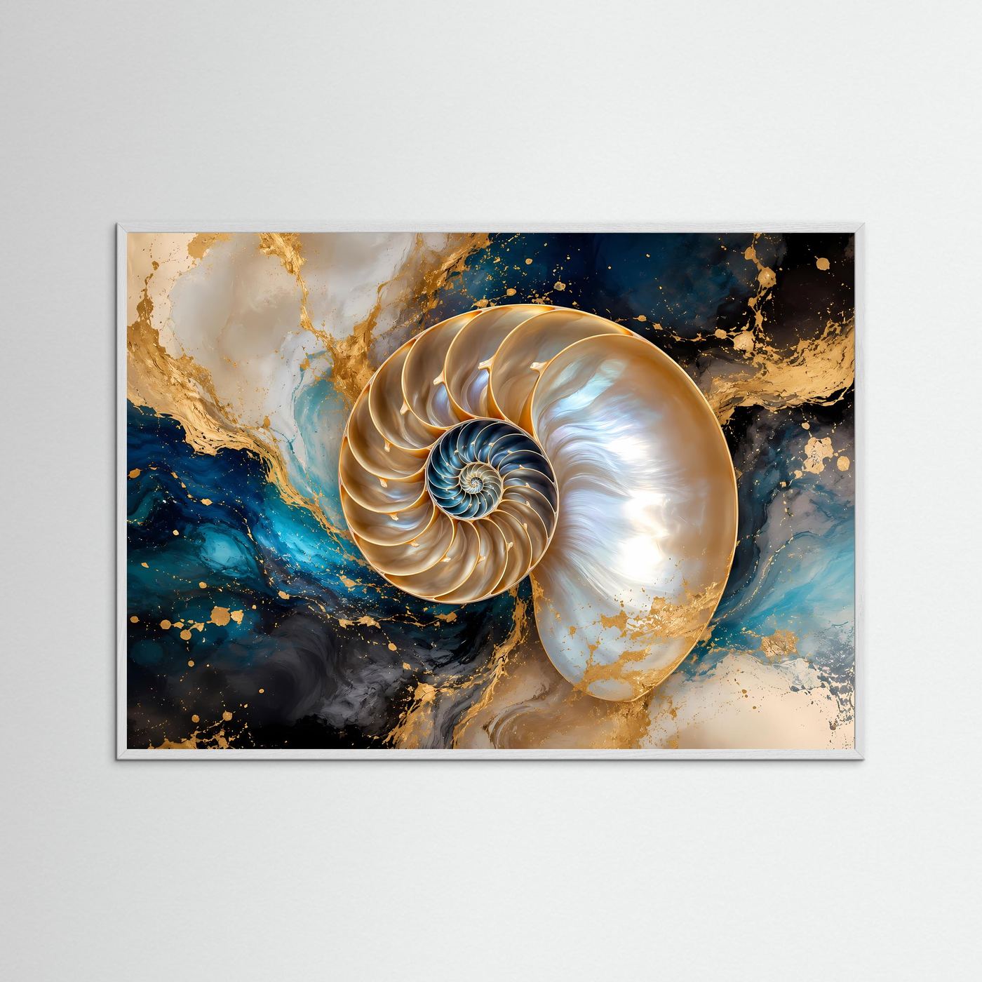 Faszination Nautilus-Muschel in Gold & Petrol | Modernes Wandbild mit Fluid Art & Ozean-Motiv