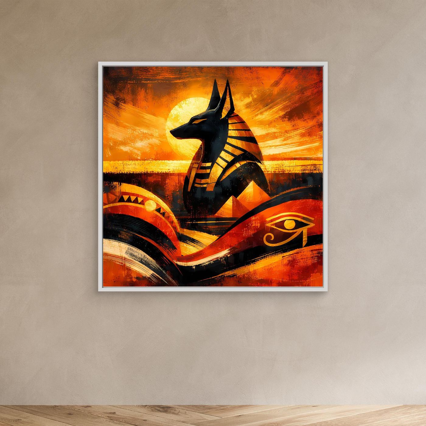 Abstraktes Anubis-Wandbild mit silbernem Rahmen, schwarze Figur, warmes Orange-Gelb