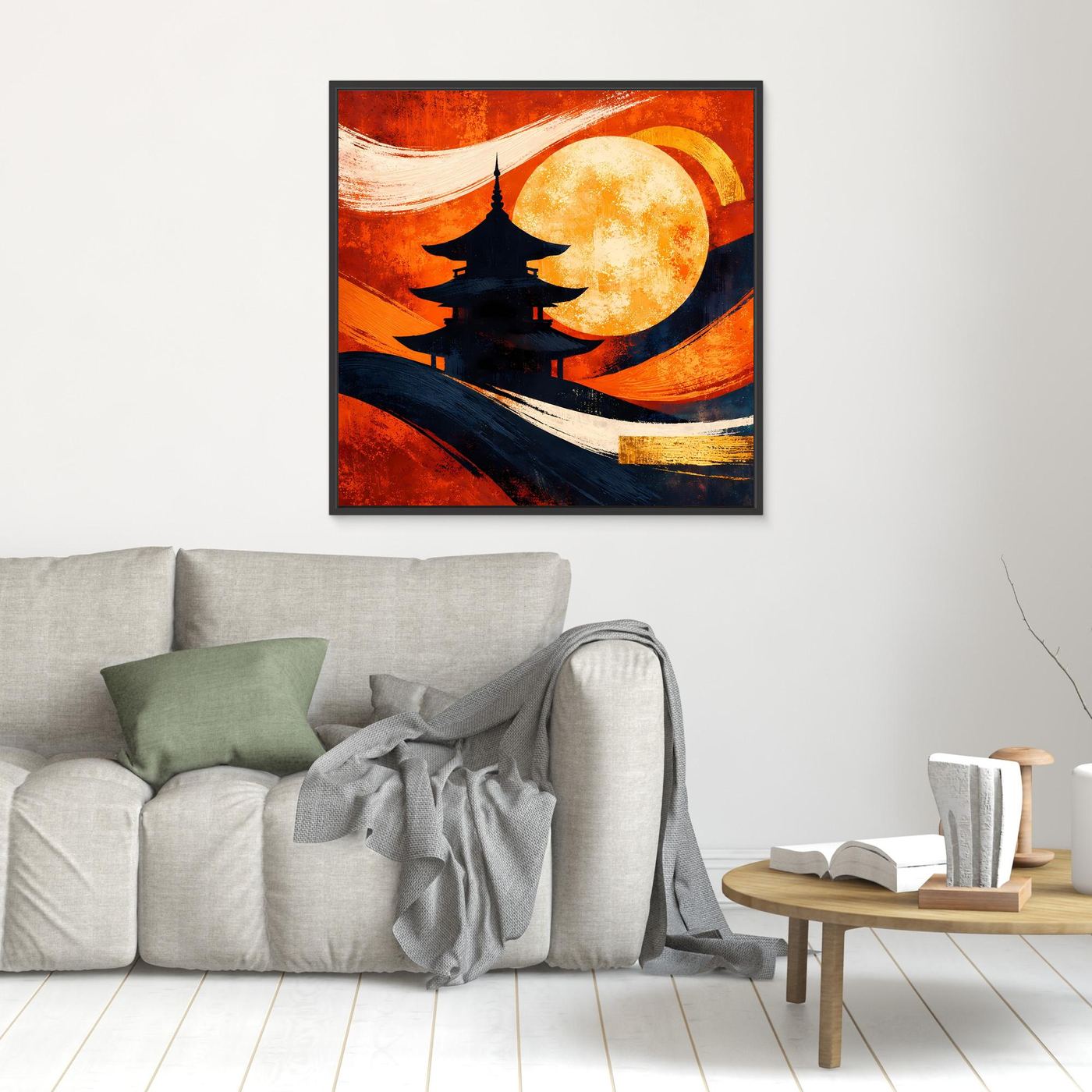 Kleines Leinwandbild mit schwarzer Pagode und gelbem Vollmond, schwarz gerahmt
