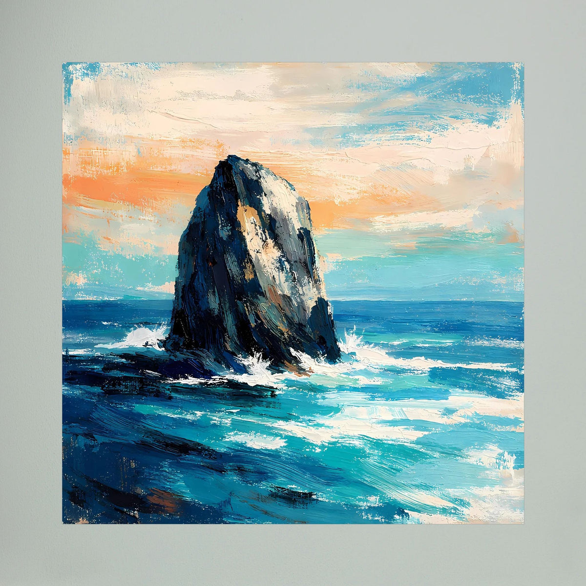 Leinwand-Wandbild mit großem Felsen im Meer, türkisfarbene Wellen und orangefarbener Himmel